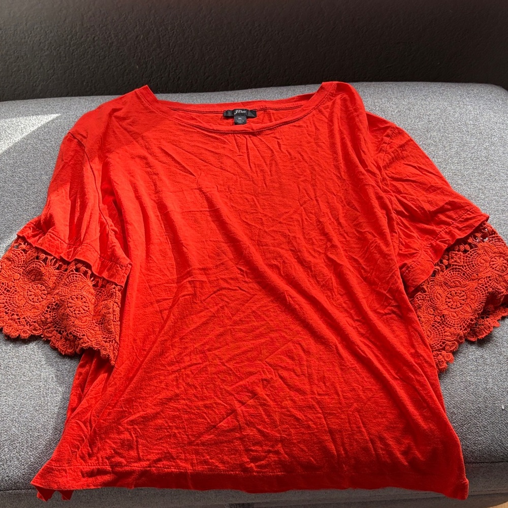 J. Crew Vibrant Red Blouse with crochet Sleeves